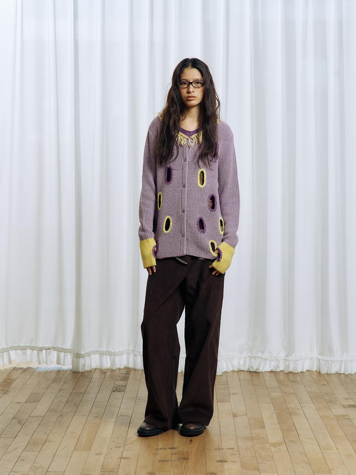 APRIORITY Purple Cutout Geometric Contrast V-neck Women's Wool Blend Cardigans