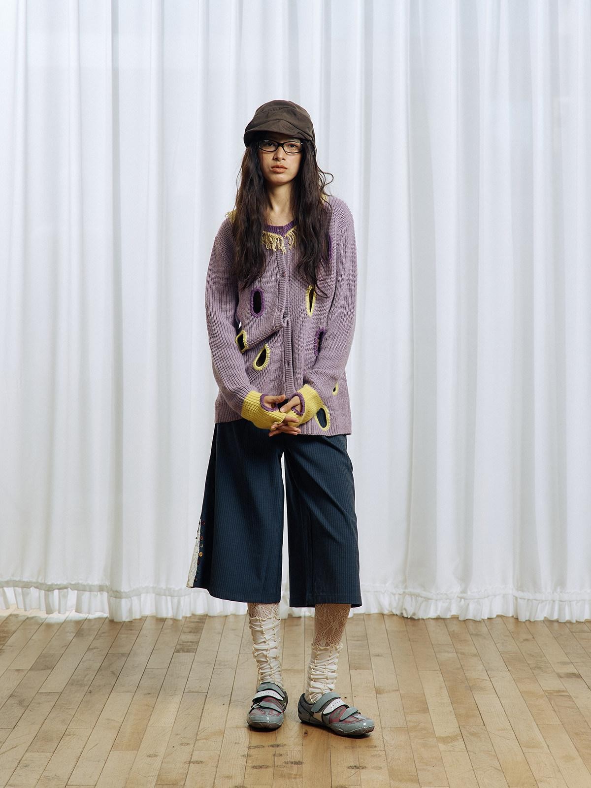 APRIORITY Purple Cutout Geometric Contrast V-neck Women's Wool Blend Cardigans