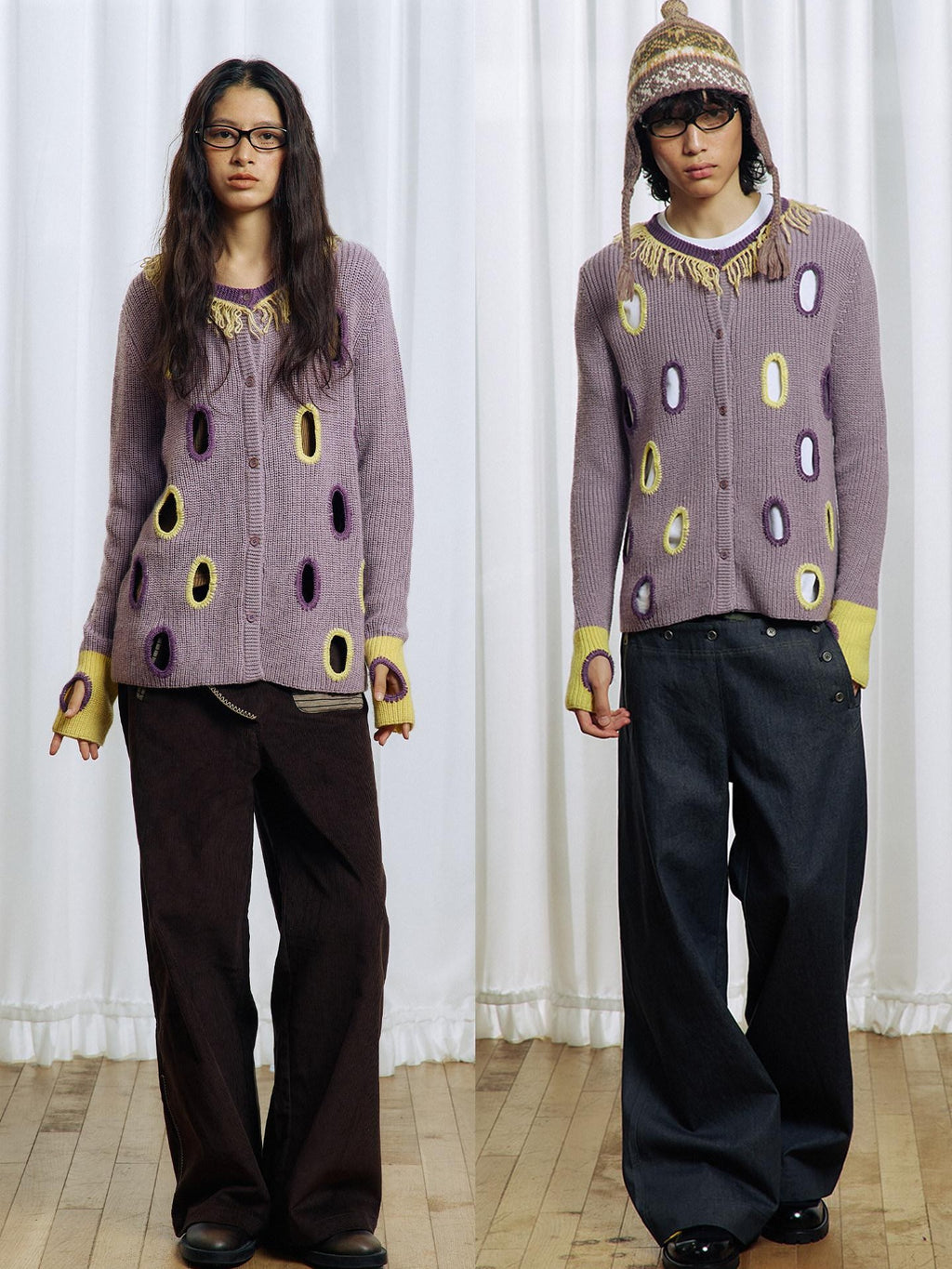 APRIORITY Purple Cutout Geometric Contrast V-neck Women's Wool Blend Cardigans