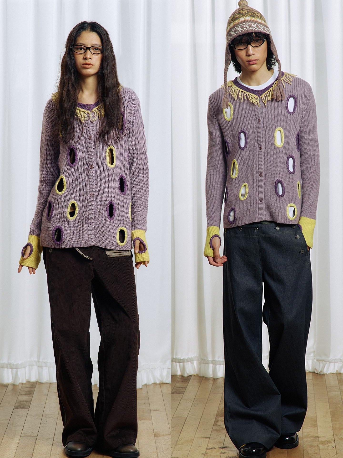 APRIORITY Purple Cutout Geometric Contrast V-neck Women's Wool Blend Cardigans