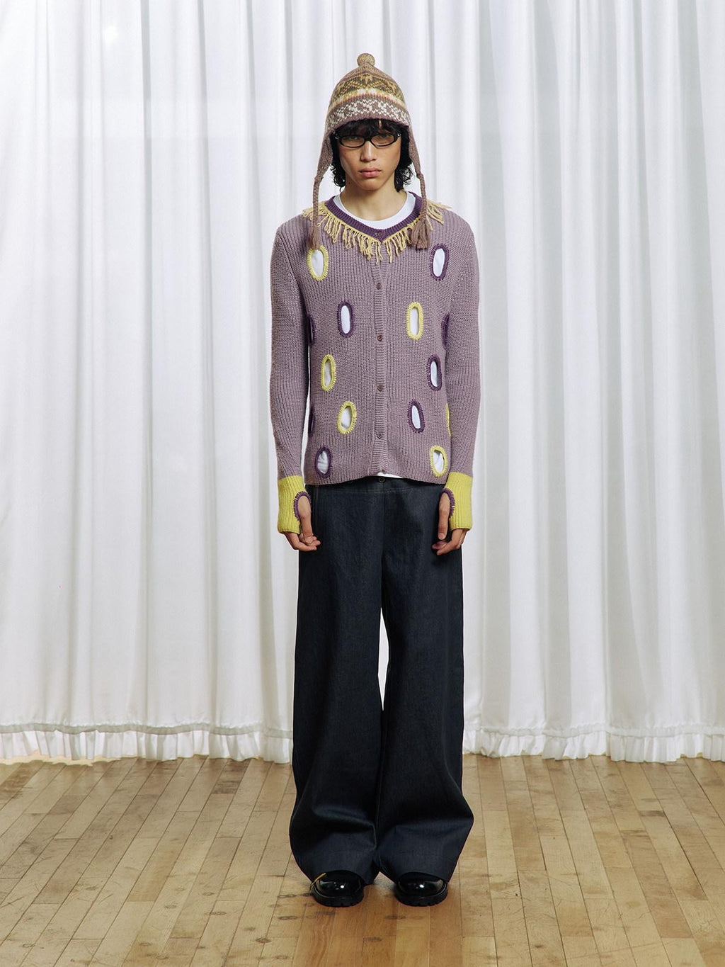 APRIORITY Purple Cutout Geometric Contrast V-neck Women's Wool Blend Cardigans