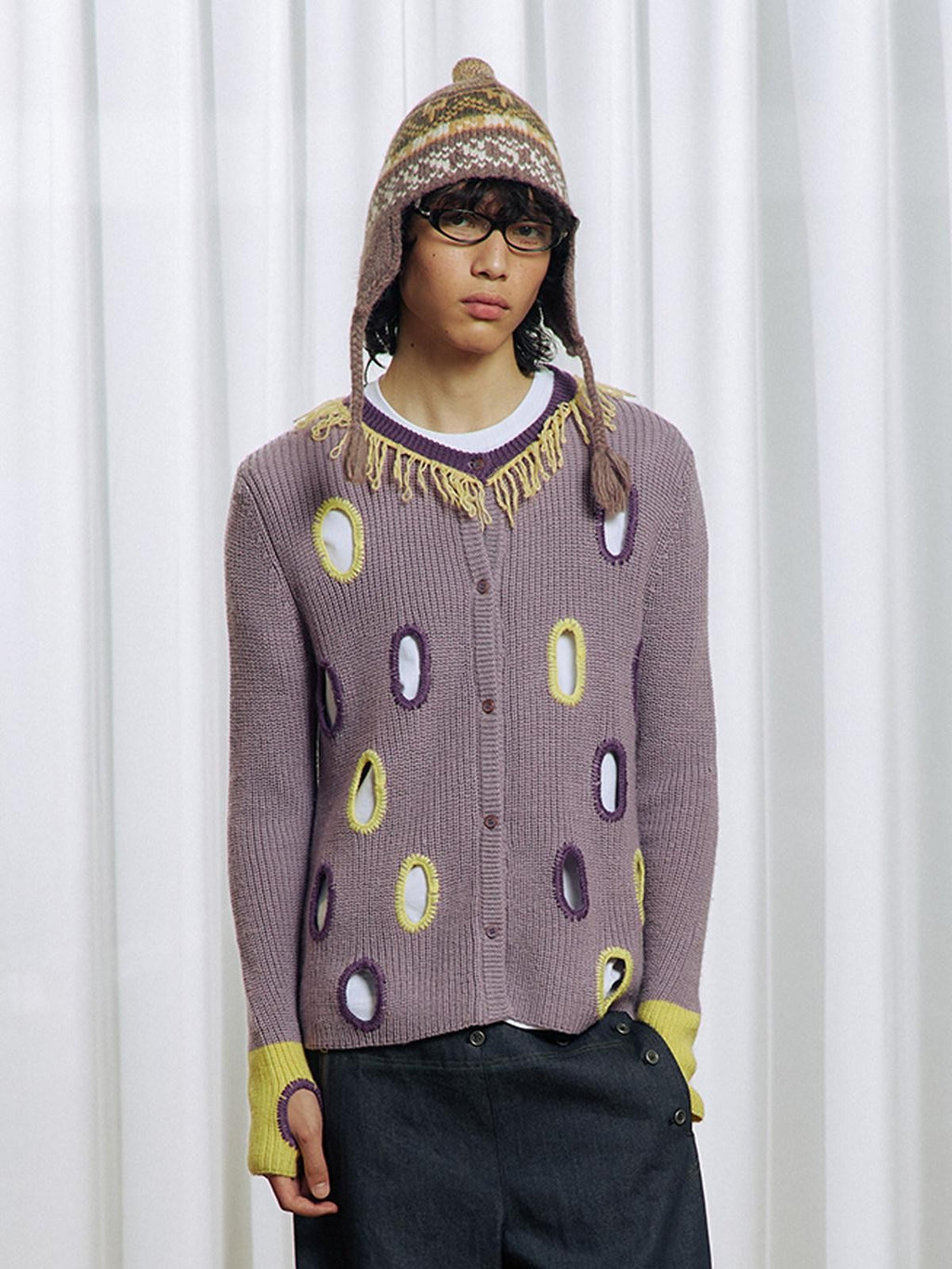 APRIORITY Purple Cutout Geometric Contrast V-neck Women's Wool Blend Cardigans