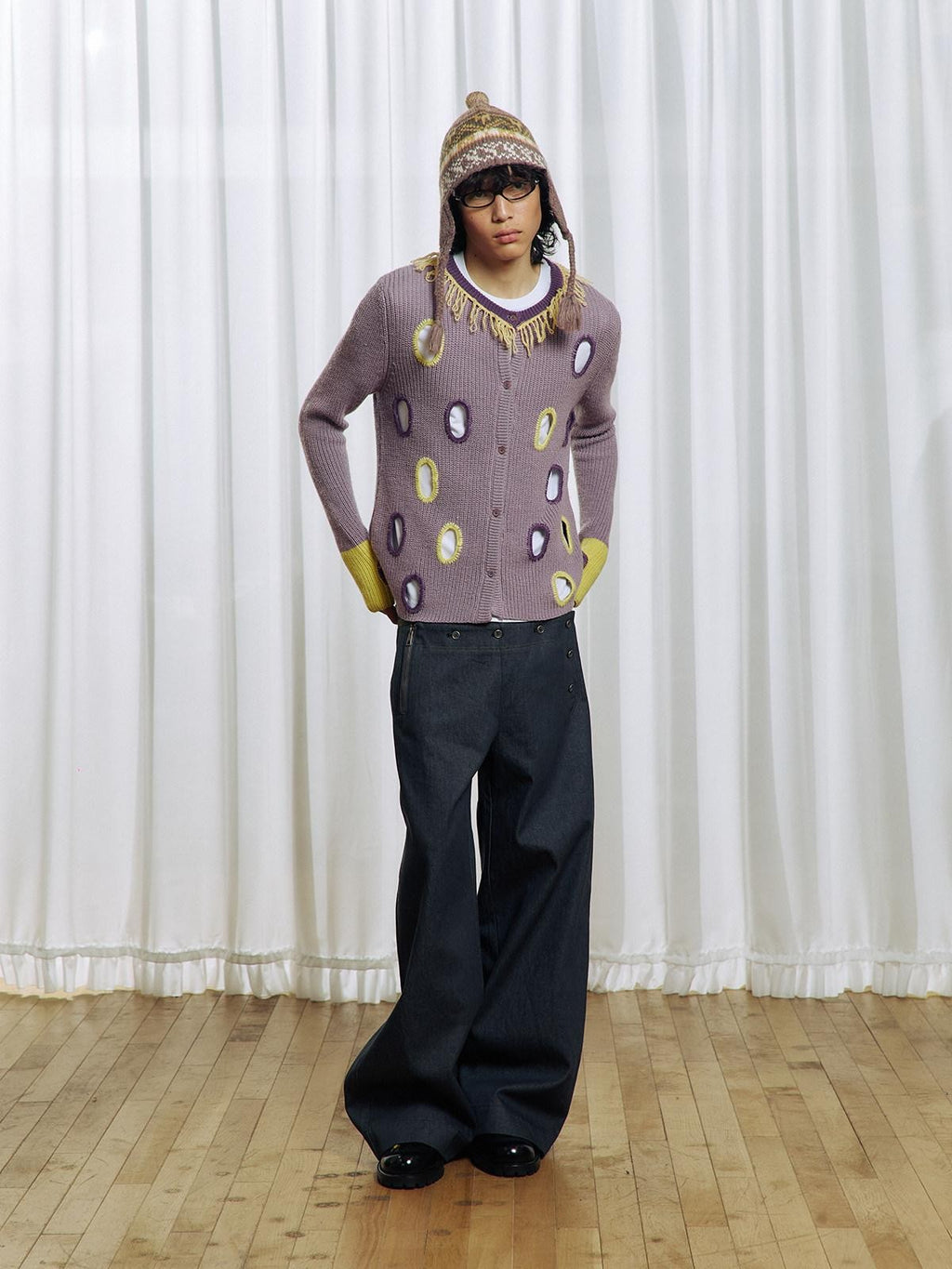 APRIORITY Purple Cutout Geometric Contrast V-neck Women's Wool Blend Cardigans