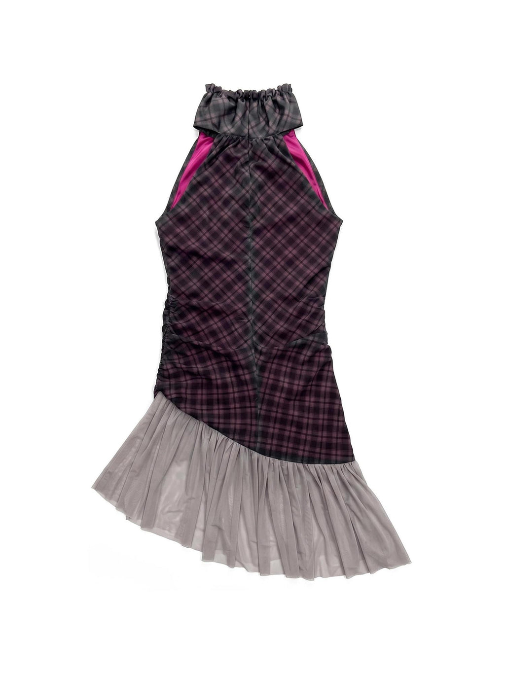 APRIORITY Purple Plaid Rhinestone Print Asymmetric Women's Mesh Halter Mini Dresses