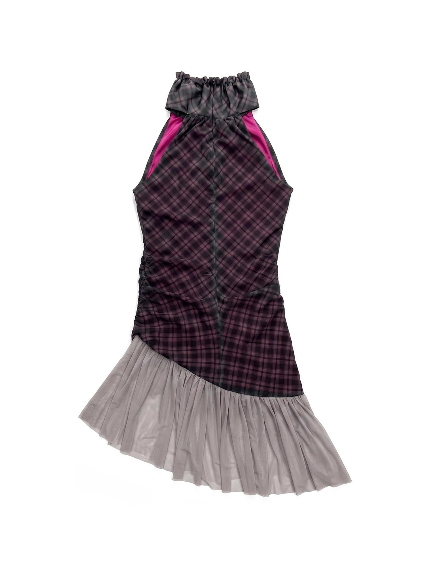 APRIORITY Purple Plaid Rhinestone Print Asymmetric Women's Mesh Halter Mini Dresses