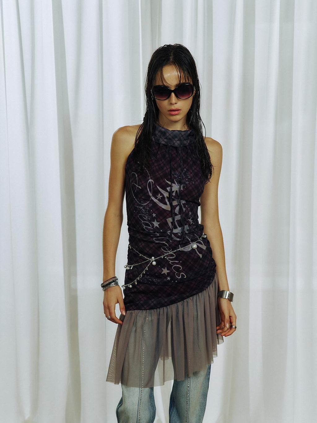 APRIORITY Purple Plaid Rhinestone Print Asymmetric Women's Mesh Halter Mini Dresses