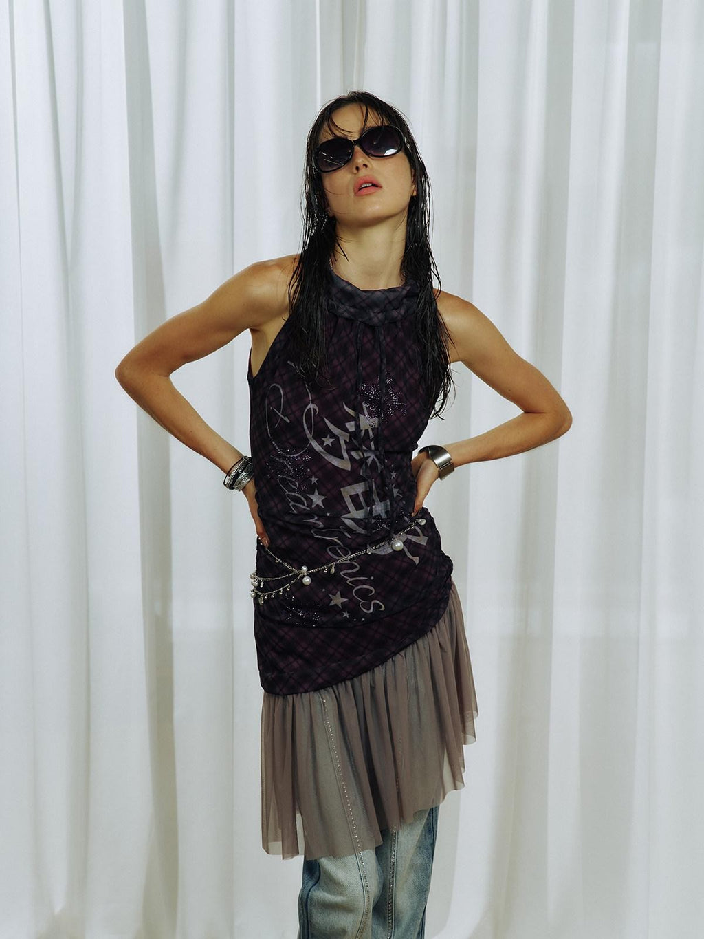 APRIORITY Purple Plaid Rhinestone Print Asymmetric Women's Mesh Halter Mini Dresses