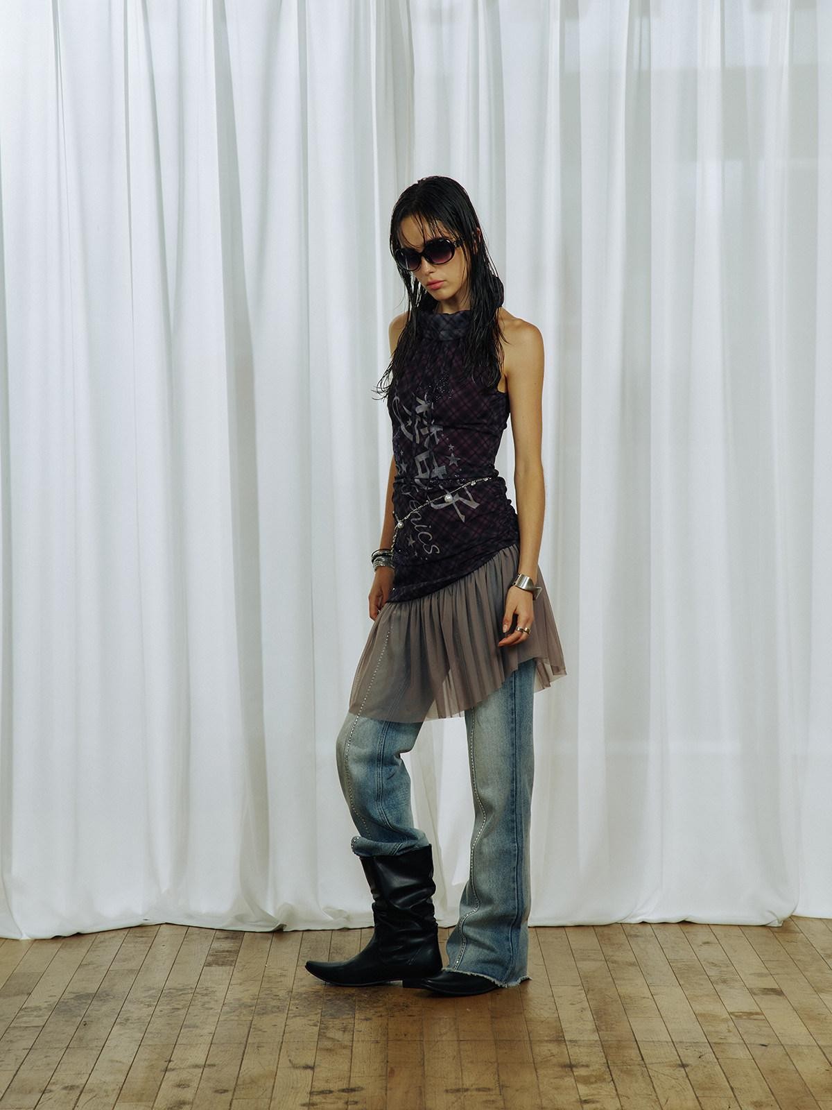 APRIORITY Purple Plaid Rhinestone Print Asymmetric Women's Mesh Halter Mini Dresses