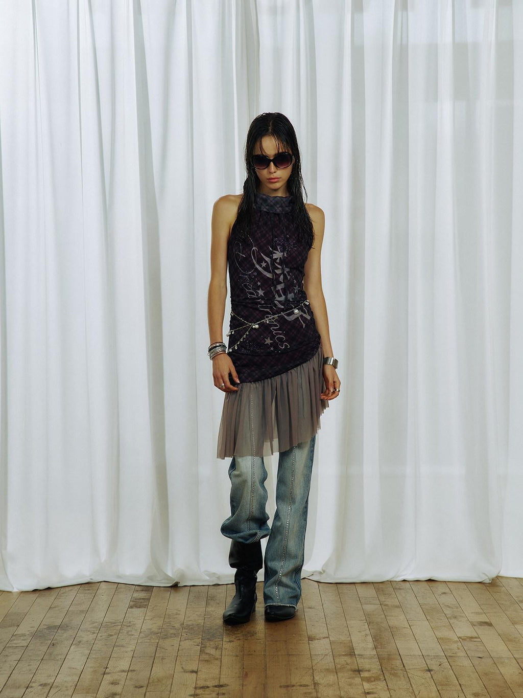 APRIORITY Purple Plaid Rhinestone Print Asymmetric Women's Mesh Halter Mini Dresses