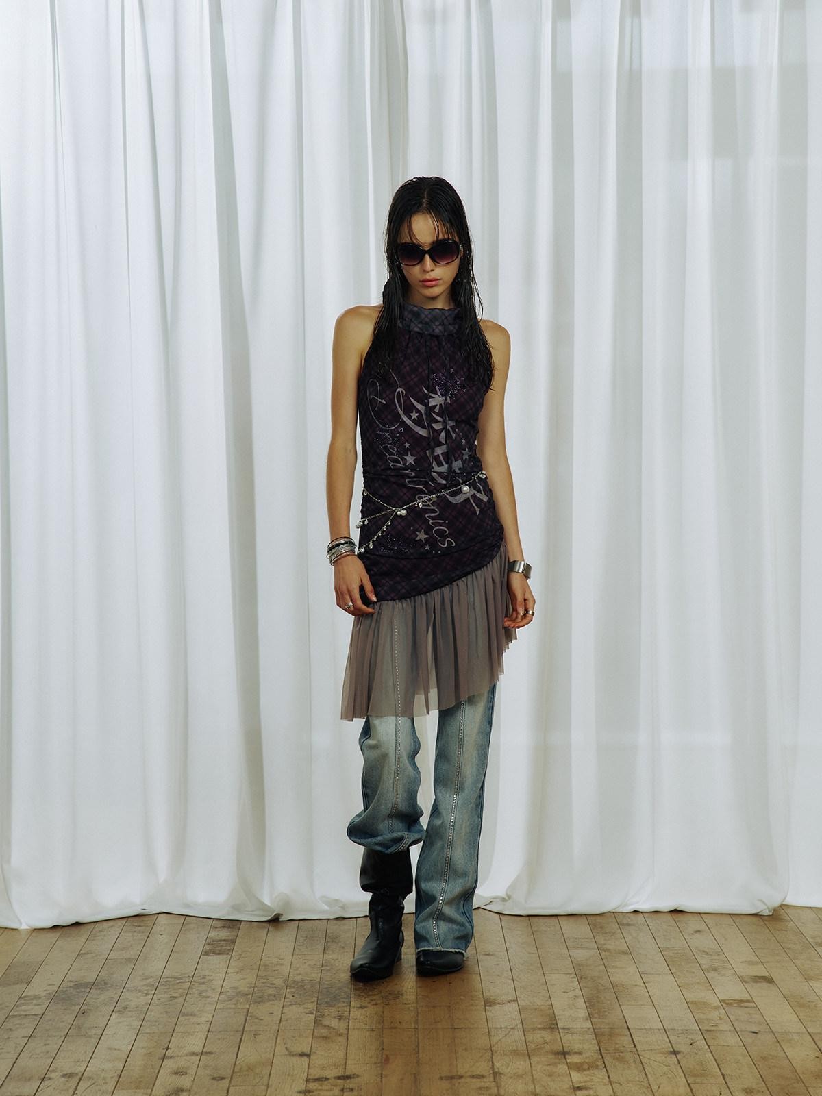 APRIORITY Purple Plaid Rhinestone Print Asymmetric Women's Mesh Halter Mini Dresses