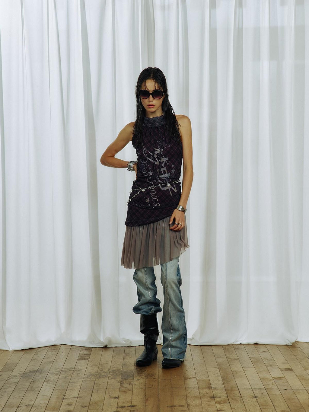 APRIORITY Purple Plaid Rhinestone Print Asymmetric Women's Mesh Halter Mini Dresses