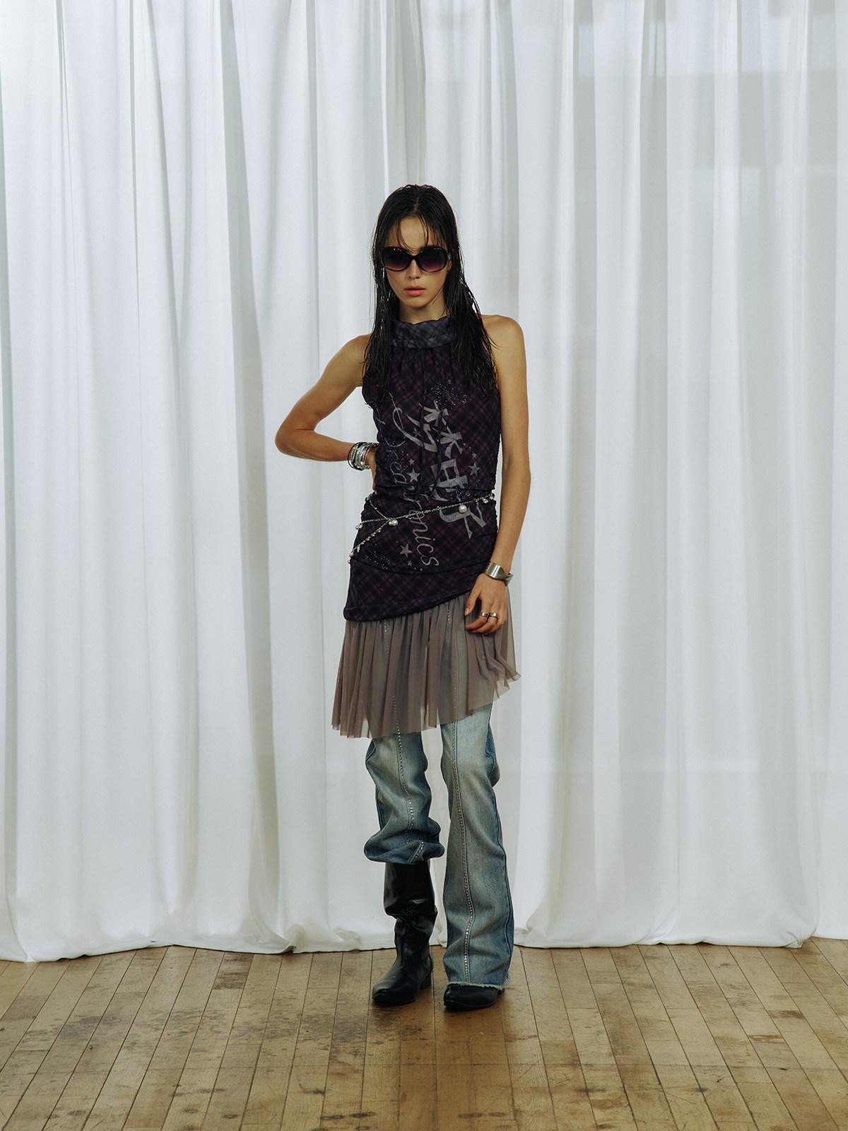 APRIORITY Purple Plaid Rhinestone Print Asymmetric Women's Mesh Halter Mini Dresses