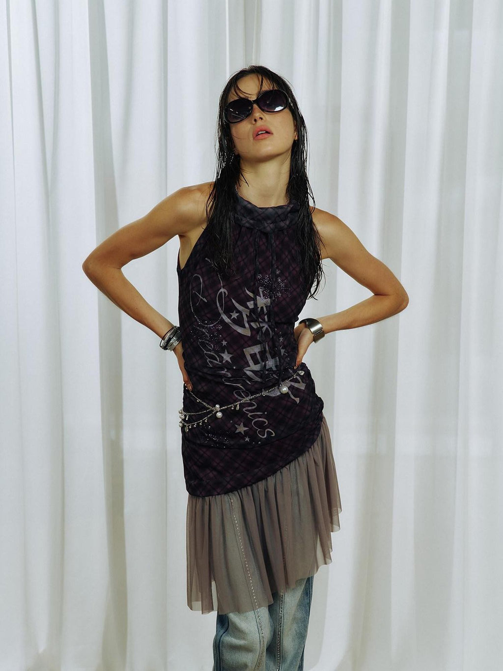 APRIORITY Purple Plaid Rhinestone Print Asymmetric Women's Mesh Halter Mini Dresses