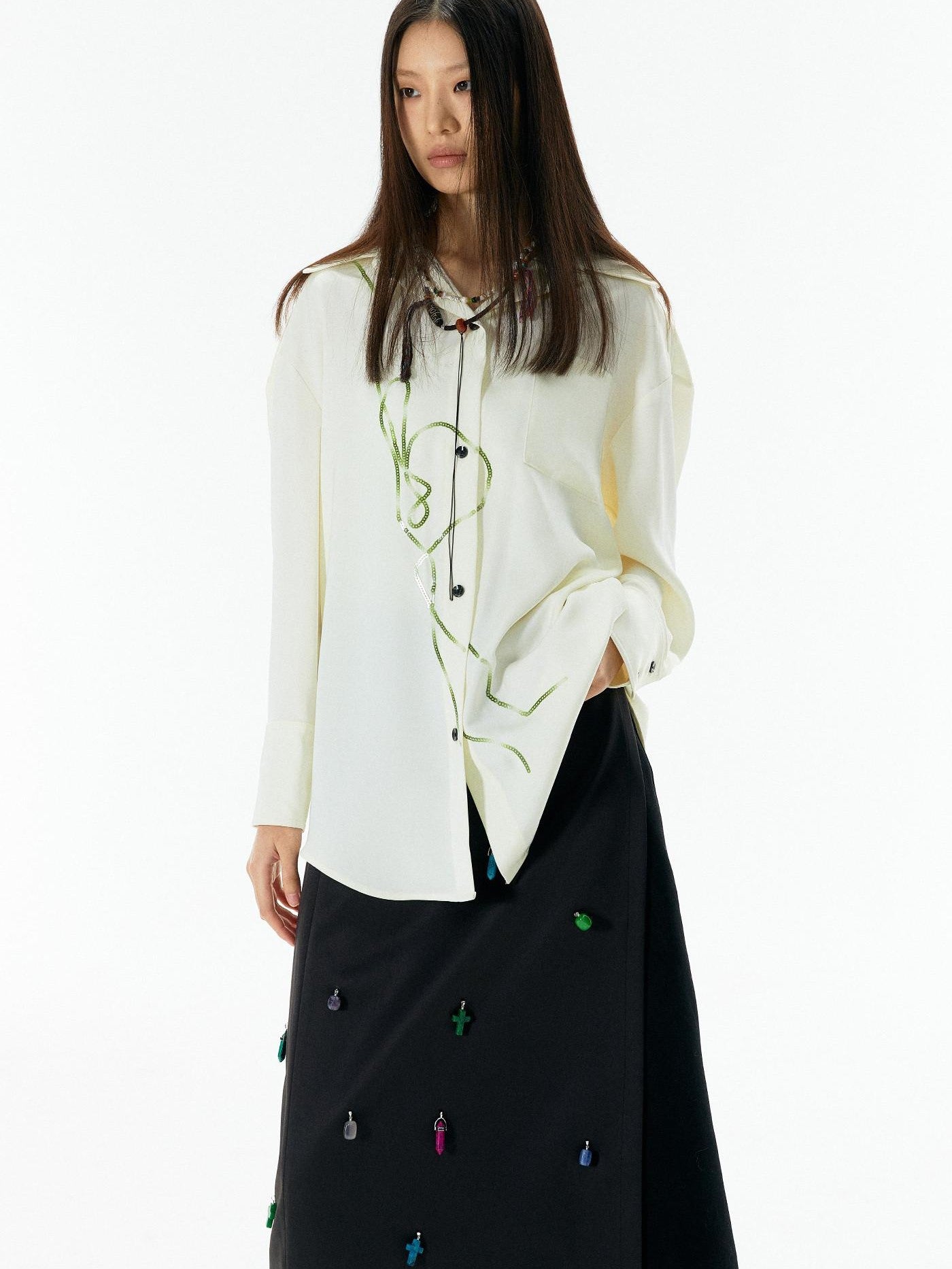 APRIORITY Rattan Vine Sequin Embroidered Modern Chinese Women's Shirts