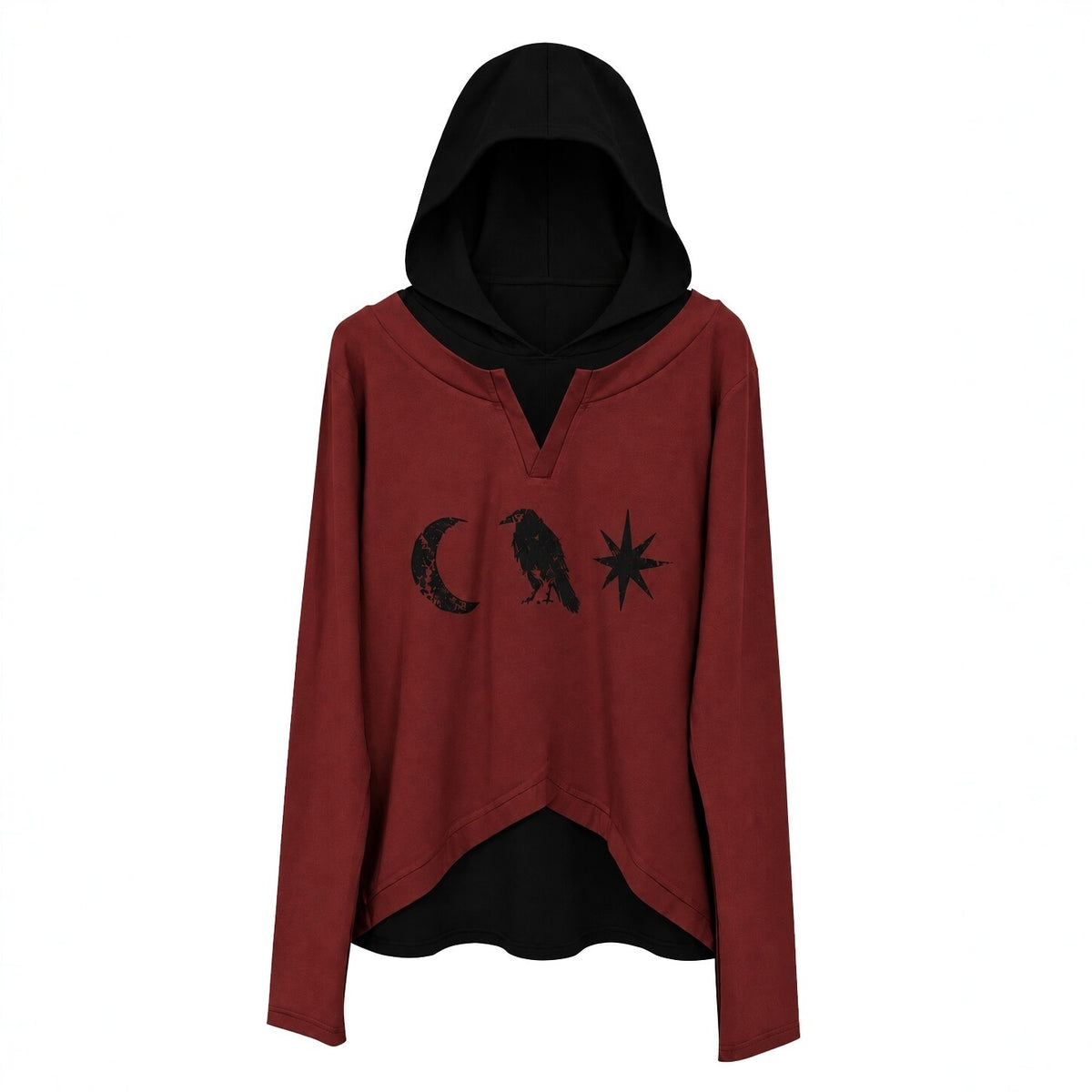 APRIORITY_Raven_Print_Double_Layer_Contrast_Panel_Women's_Fleece_Lined_Slim_Fit_Long_Sleeve_Pullover_Hoodies_1081907351561_MISSTT