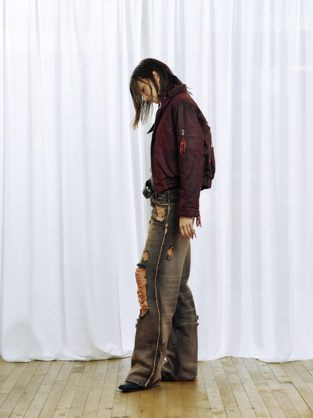 APRIORITY Red Gray Whisker Sandwash Distressed Ripped Raw Hem Women's Distressed Jeans