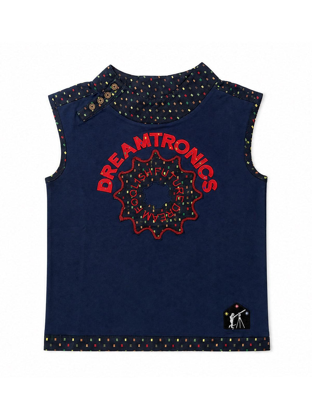 APRIORITY Retro Contrast Patchwork Embroidered Side Button Women's Cotton Blend Tank Tops