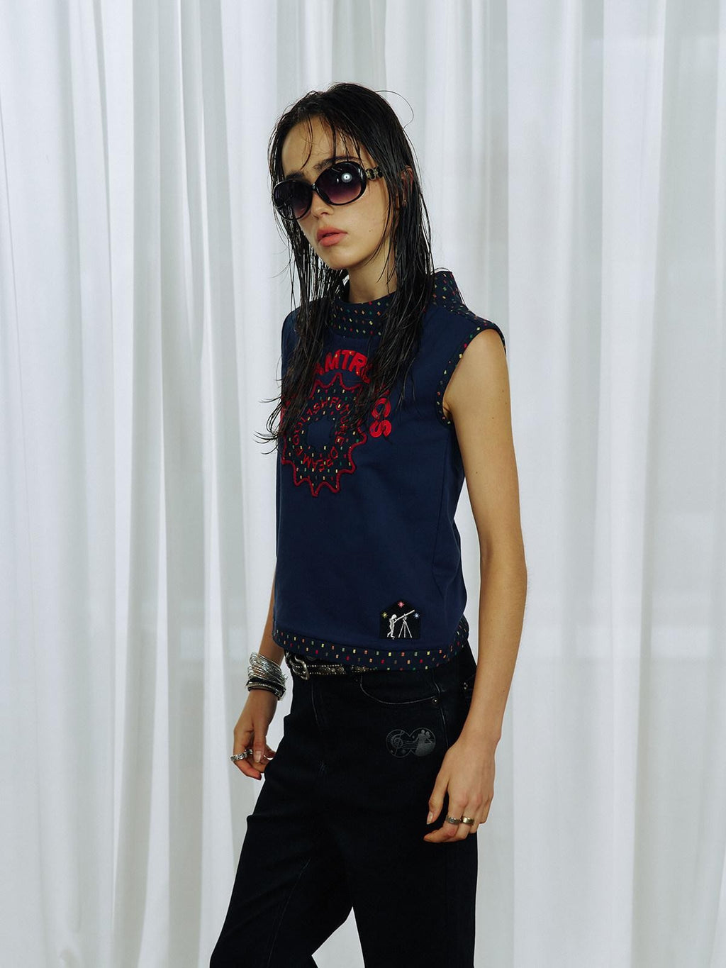 APRIORITY Retro Contrast Patchwork Embroidered Side Button Women's Cotton Blend Tank Tops