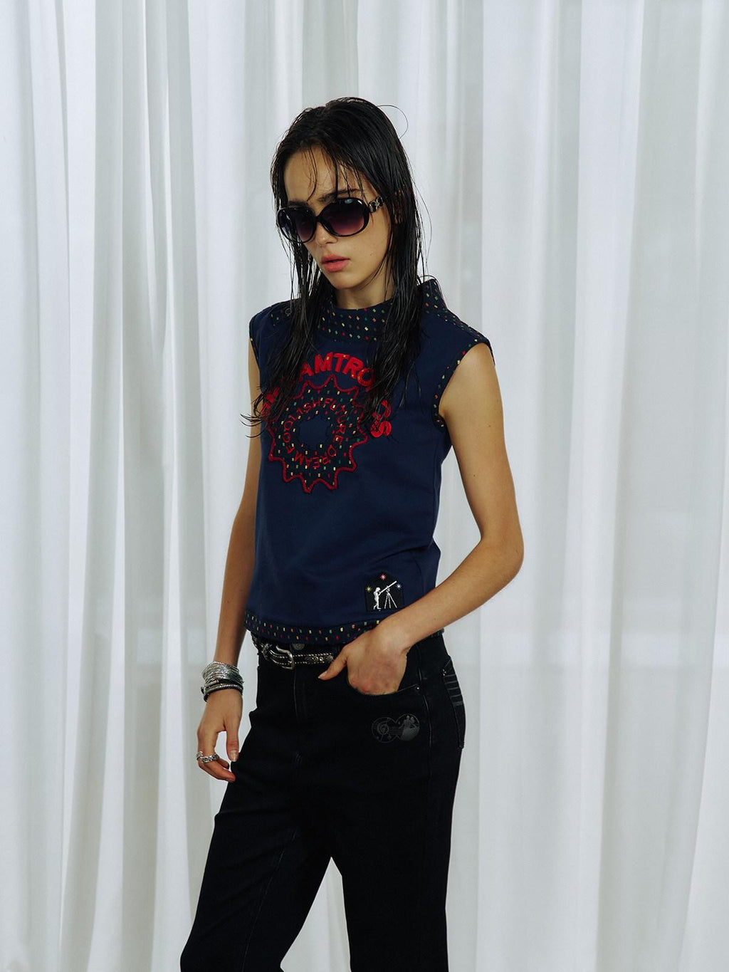 APRIORITY Retro Contrast Patchwork Embroidered Side Button Women's Cotton Blend Tank Tops