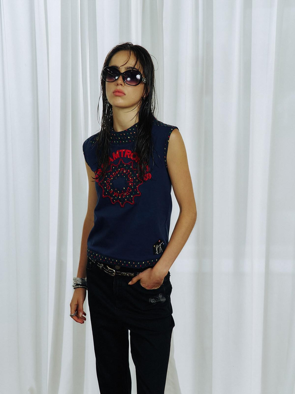 APRIORITY Retro Contrast Patchwork Embroidered Side Button Women's Cotton Blend Tank Tops