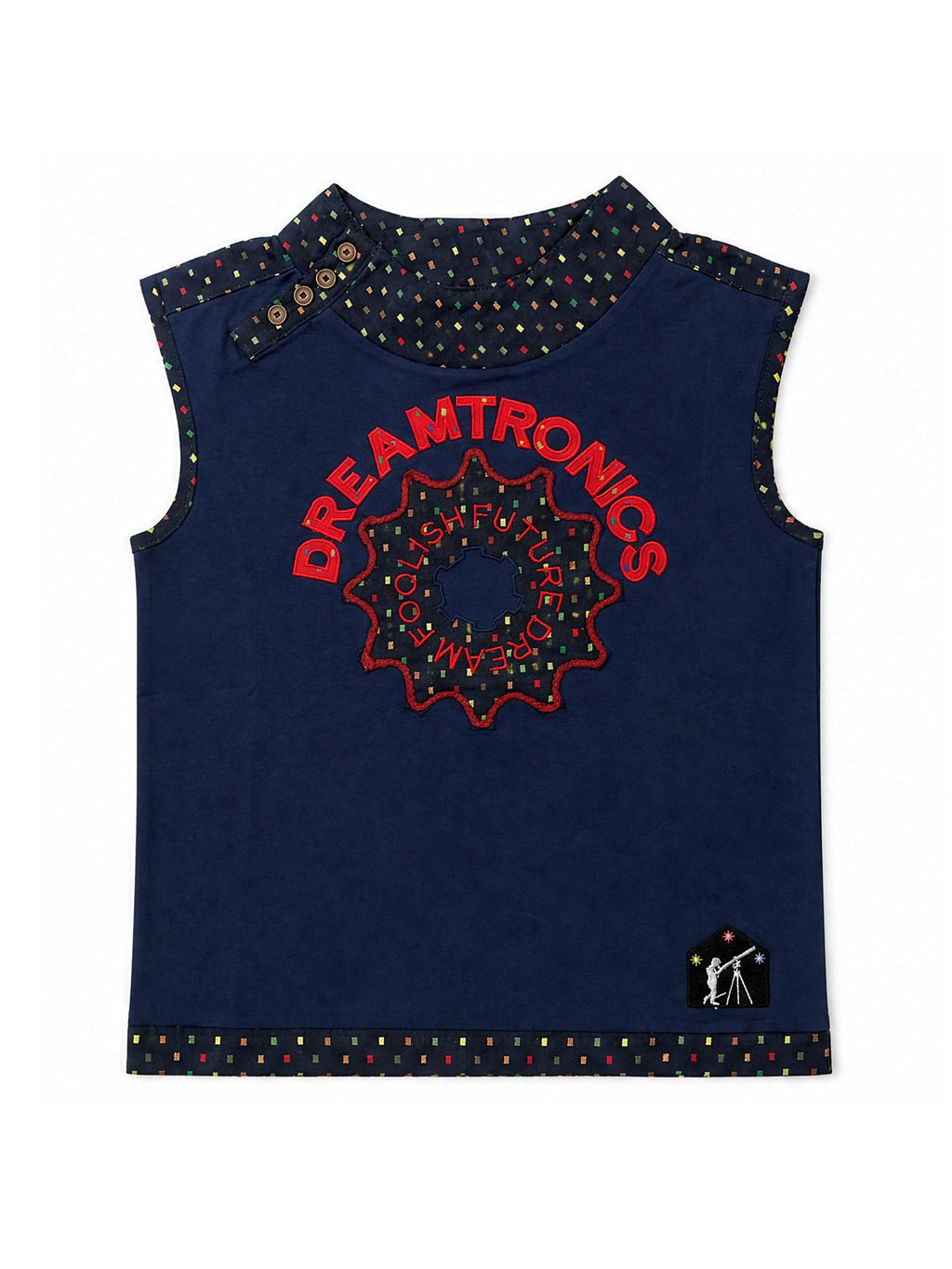 APRIORITY Retro Contrast Patchwork Embroidered Side Button Women's Cotton Blend Tank Tops