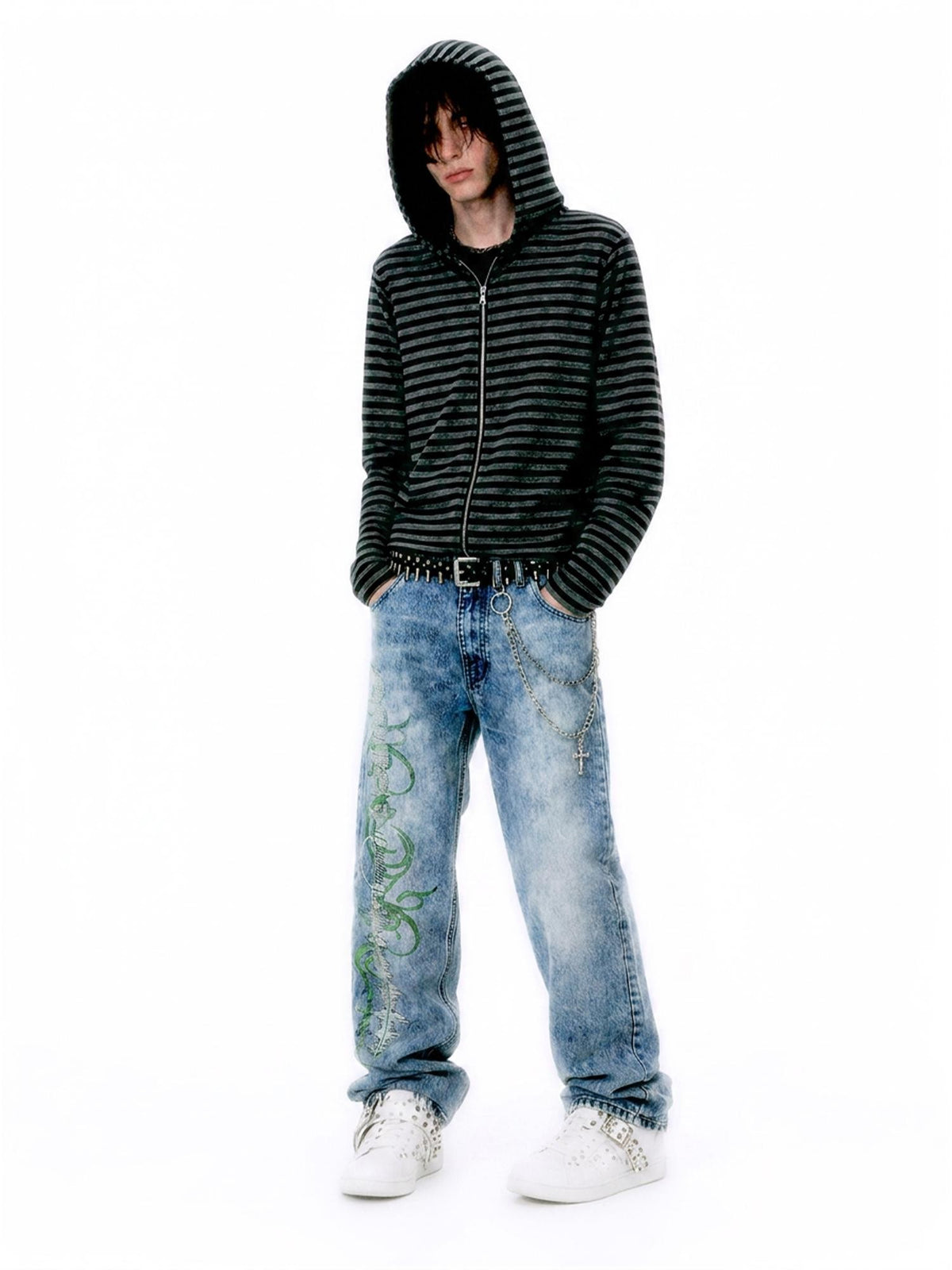 APRIORITY Rhinestone Print Reversible Striped Modal Women's Zip-up Hoodies