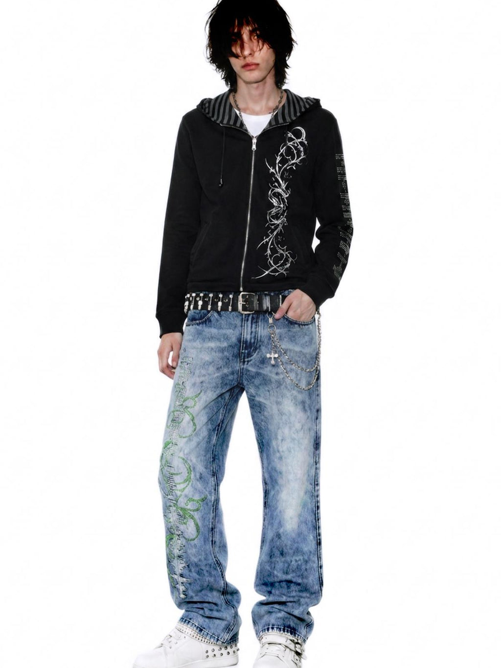 APRIORITY Rhinestone Print Reversible Striped Modal Women's Zip-up Hoodies