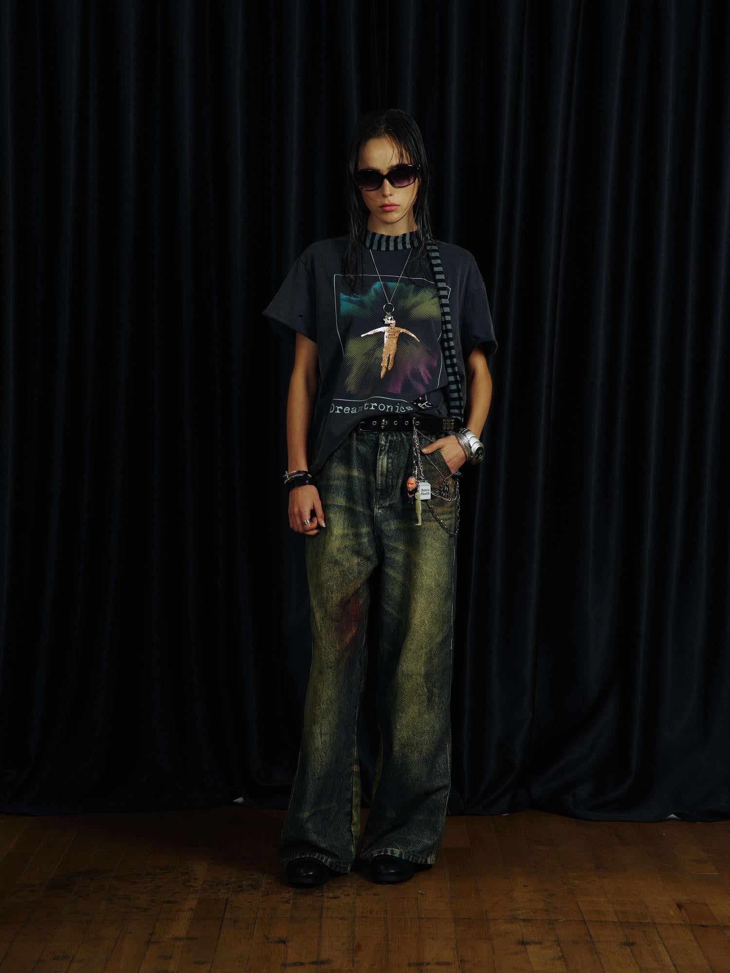 APRIORITY Rolled Cuff Distressed Glitter Print Women's Cotton Blend Short Sleeve T-shirts
