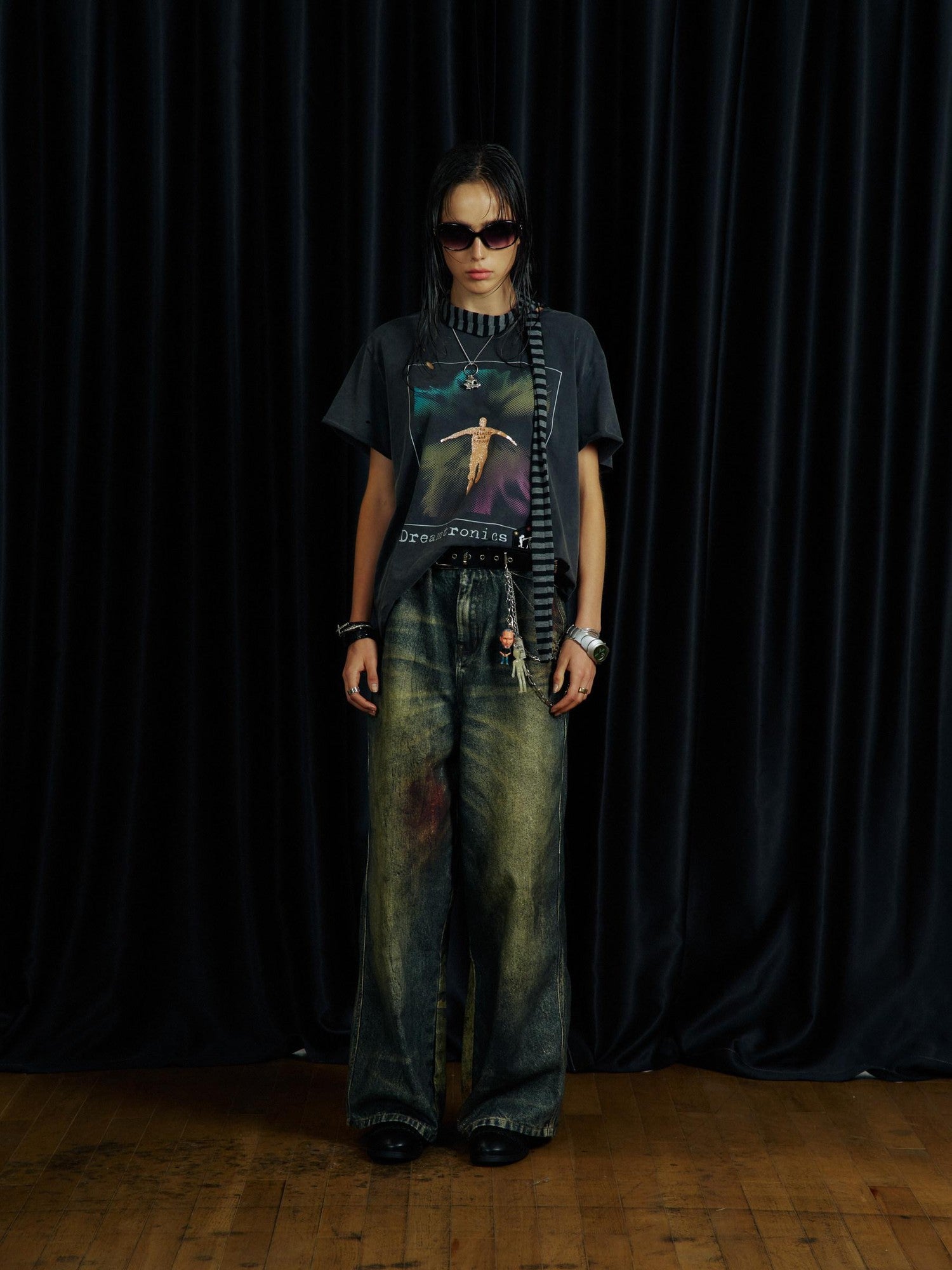 APRIORITY Rolled Cuff Distressed Glitter Print Women's Cotton Blend Short Sleeve T-shirts