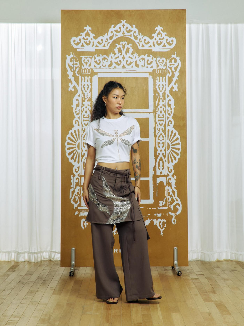 APRIORITY Sequin Embellished Asymmetric Wide Leg Mid Low Rise Women's Polyester Chinos