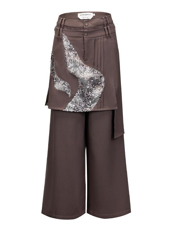 APRIORITY Sequin Embellished Asymmetric Wide Leg Mid Low Rise Women's Polyester Chinos