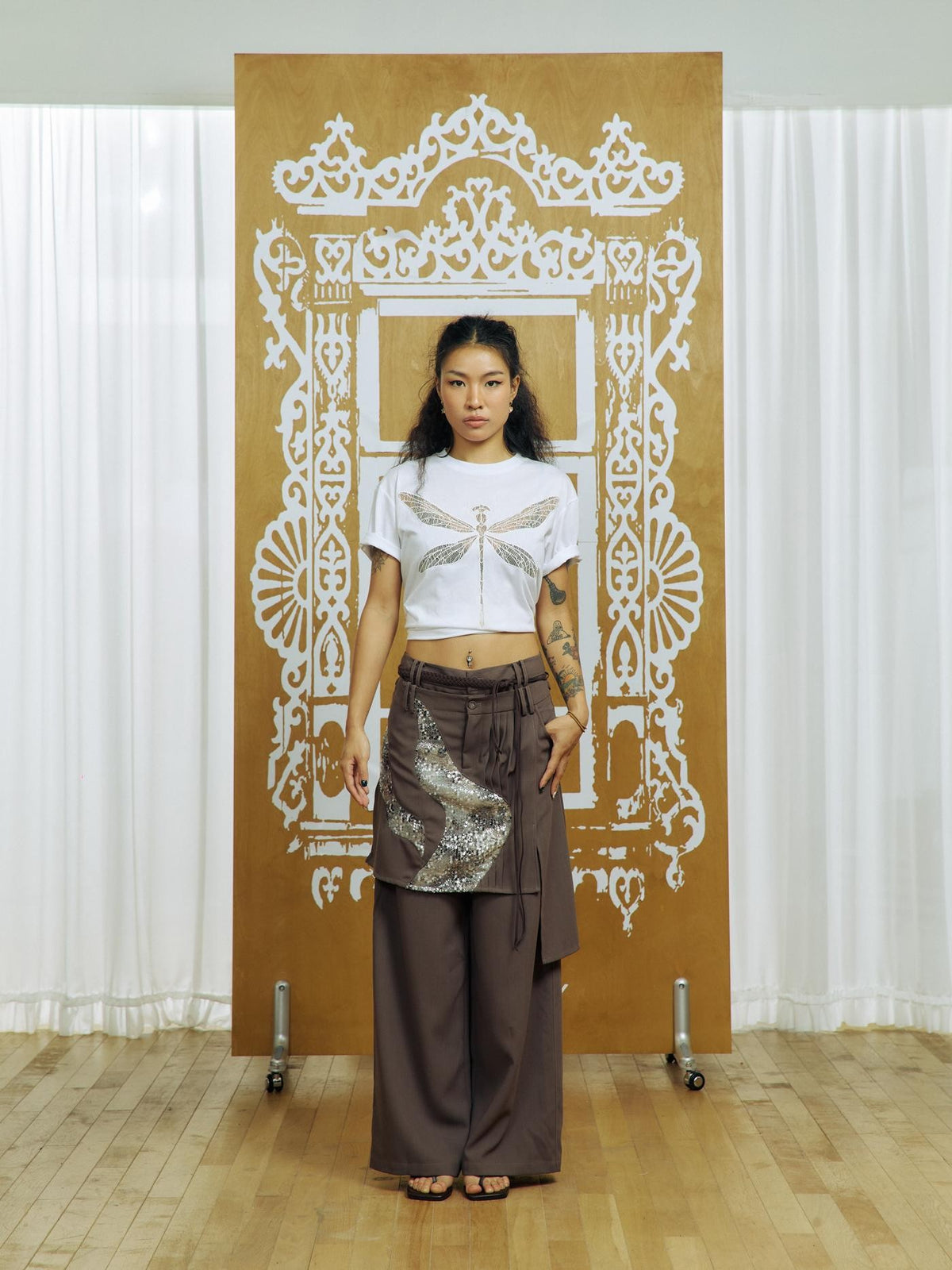 APRIORITY Sequin Embellished Asymmetric Wide Leg Mid Low Rise Women's Polyester Chinos