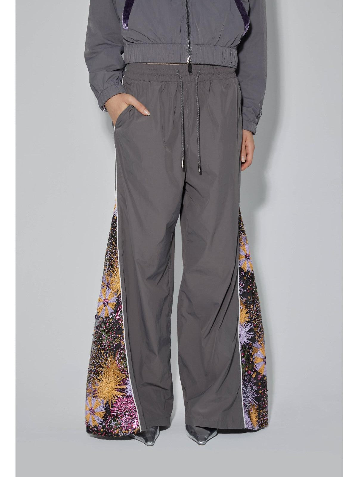 APRIORITY Sequin Spliced Low Waist Drapey Women's Nylon Polyester Pvc Wide-leg Pants