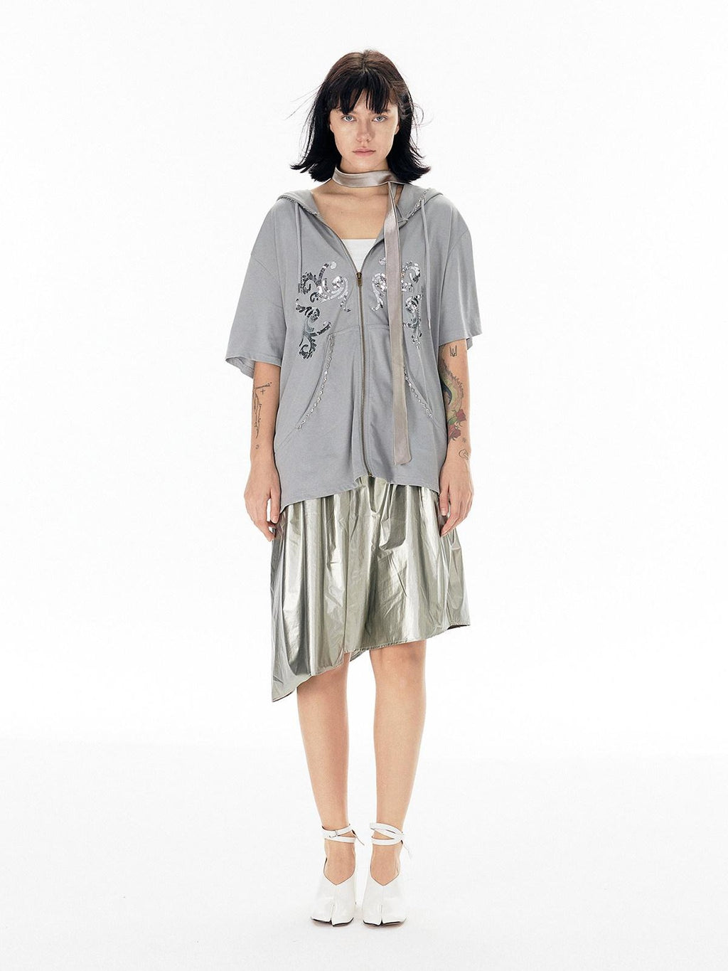 APRIORITY Shiny Silver Asymmetrical Triangle Panel Women's Pu Nylon Midi Skirts