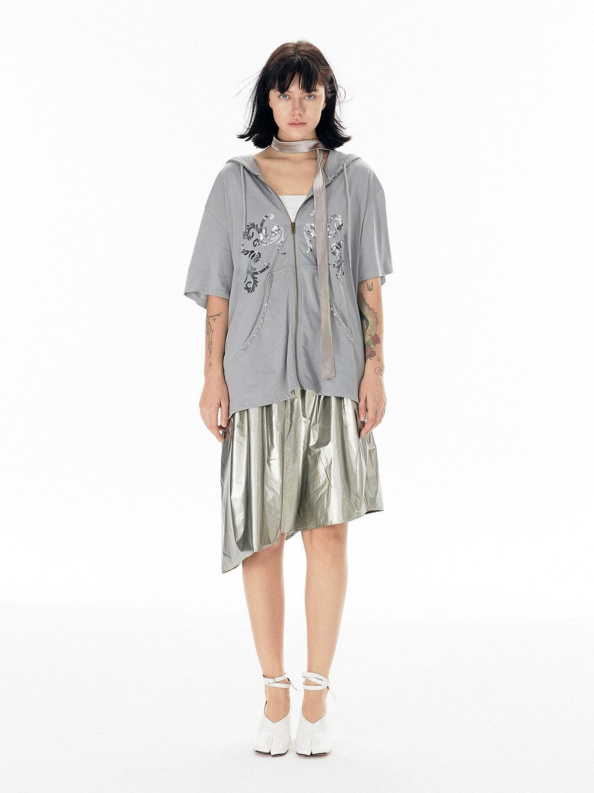 APRIORITY Shiny Silver Asymmetrical Triangle Panel Women's Pu Nylon Midi Skirts