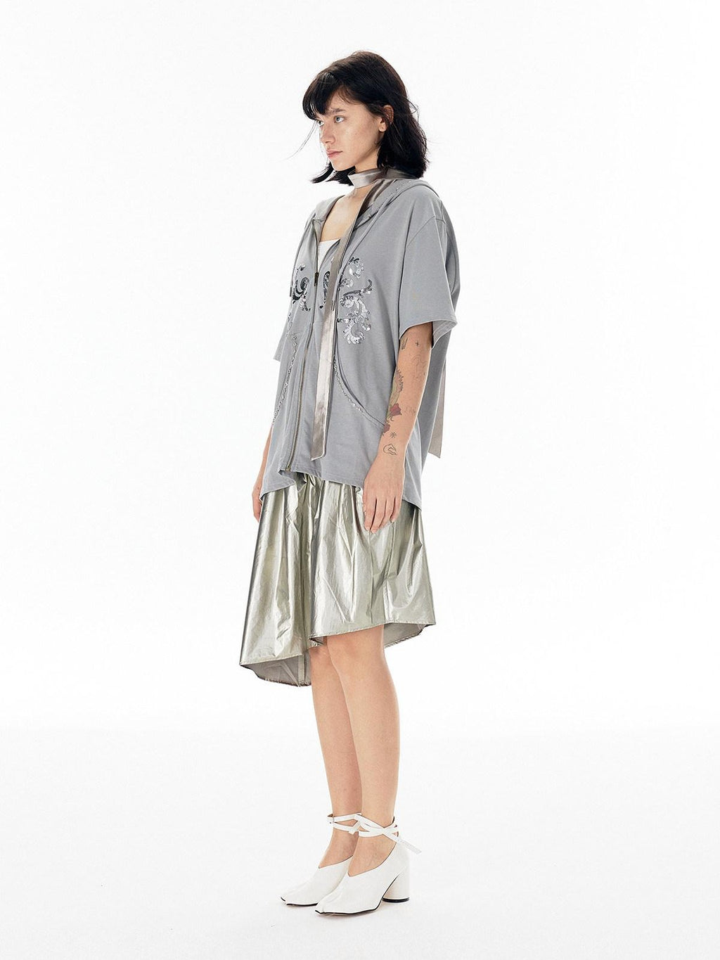 APRIORITY Shiny Silver Asymmetrical Triangle Panel Women's Pu Nylon Midi Skirts