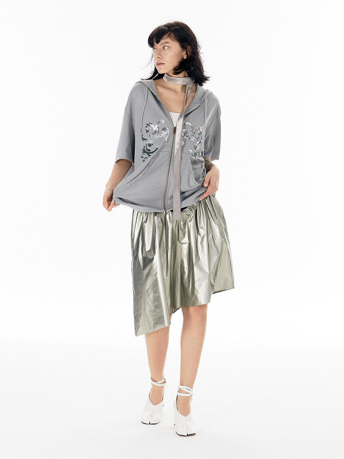 APRIORITY Shiny Silver Asymmetrical Triangle Panel Women's Pu Nylon Midi Skirts