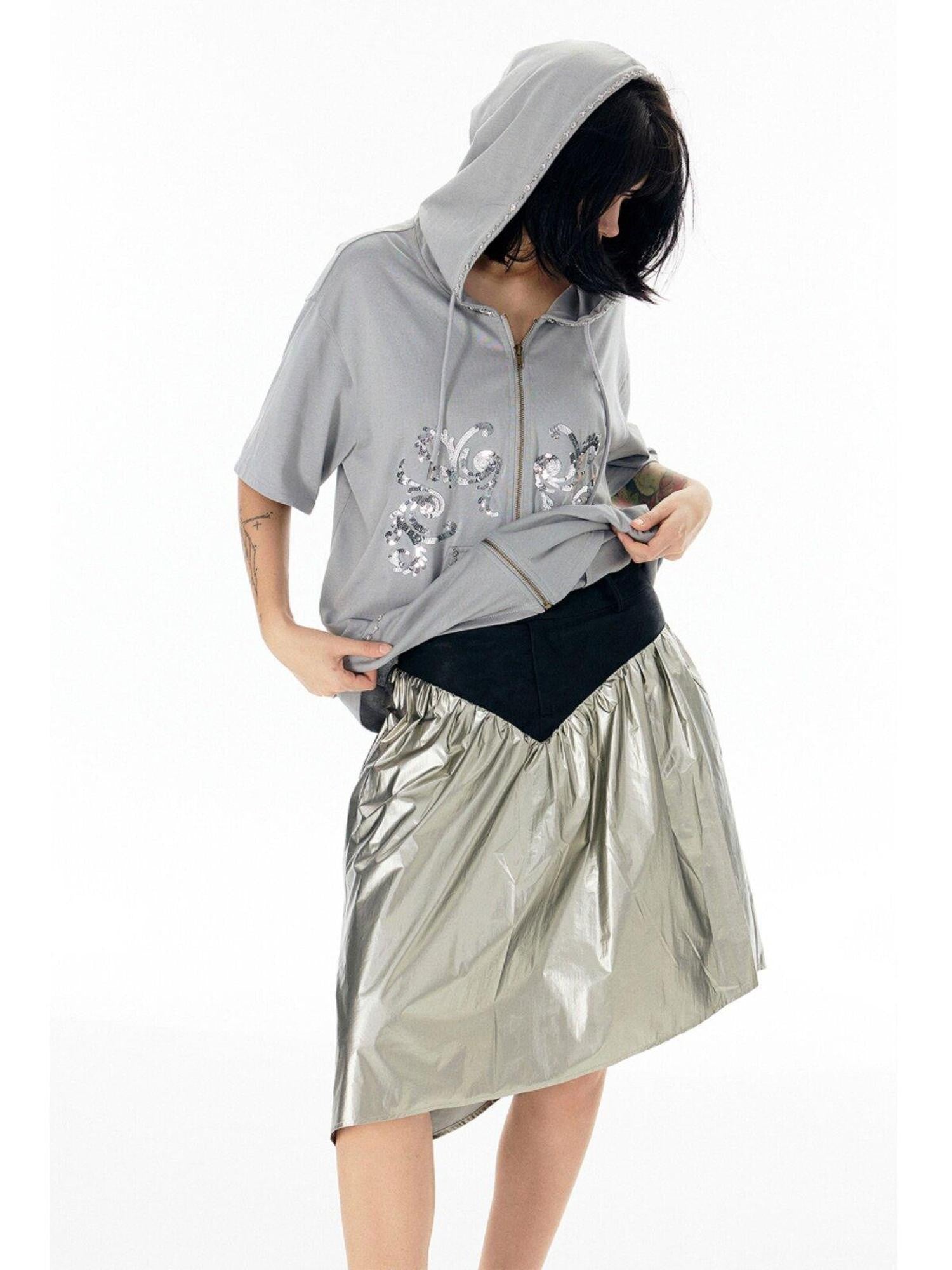 APRIORITY Shiny Silver Asymmetrical Triangle Panel Women's Pu Nylon Midi Skirts