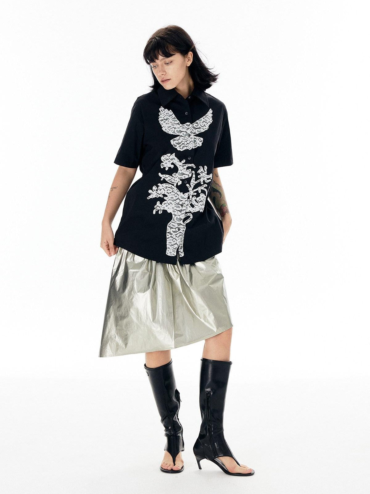 APRIORITY Shiny Silver Asymmetrical Triangle Panel Women's Pu Nylon Midi Skirts