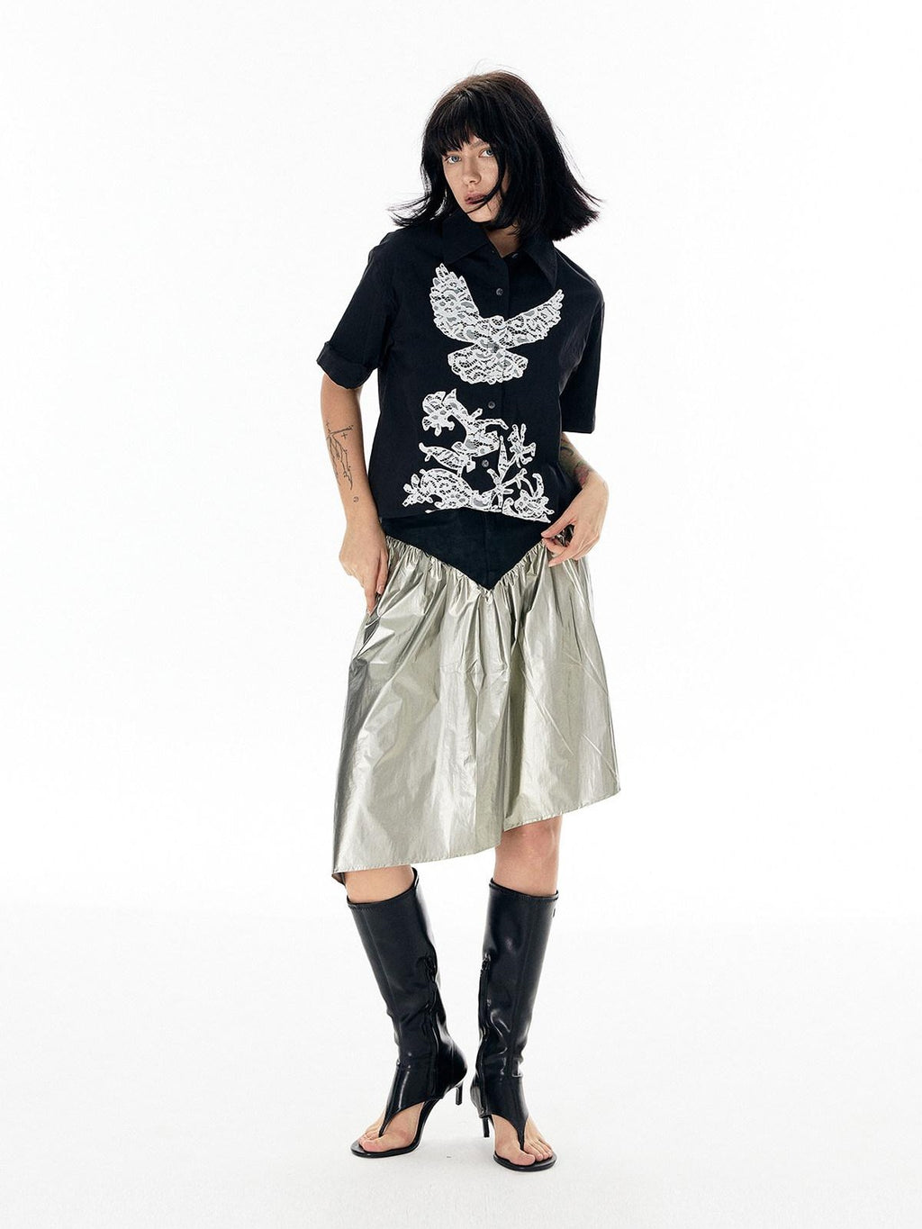 APRIORITY Shiny Silver Asymmetrical Triangle Panel Women's Pu Nylon Midi Skirts