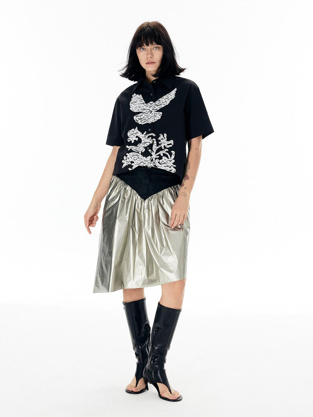 APRIORITY Shiny Silver Asymmetrical Triangle Panel Women's Pu Nylon Midi Skirts