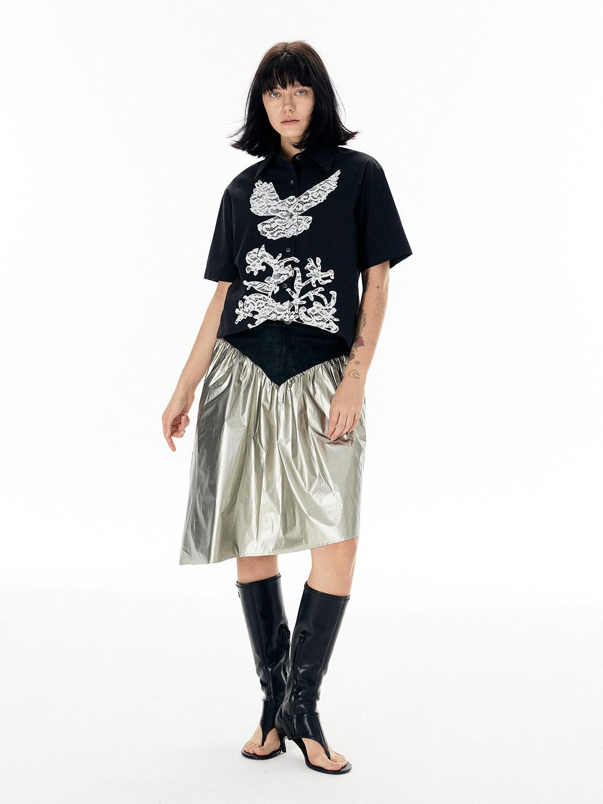 APRIORITY Shiny Silver Asymmetrical Triangle Panel Women's Pu Nylon Midi Skirts