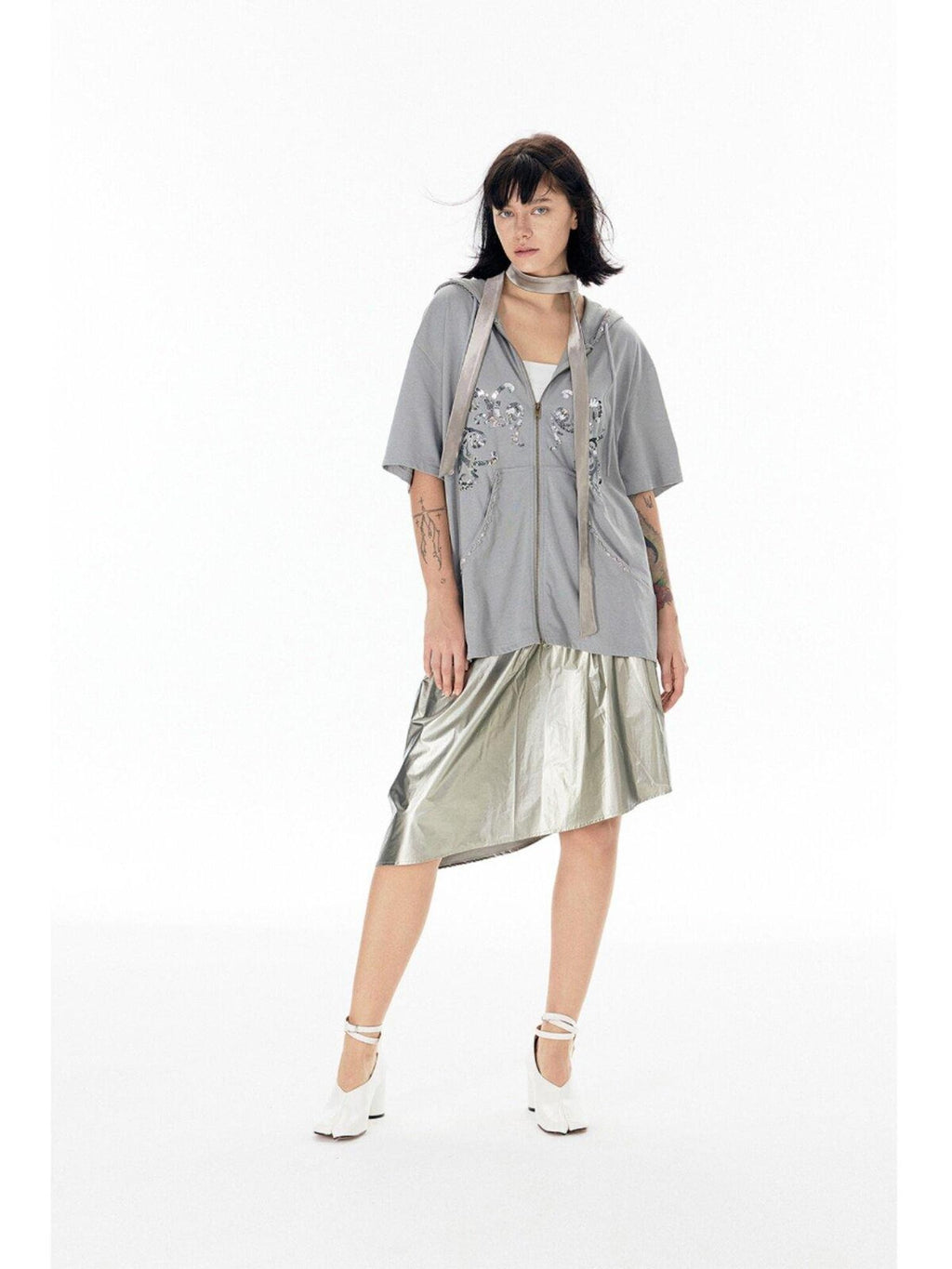 APRIORITY Shiny Silver Asymmetrical Triangle Panel Women's Pu Nylon Midi Skirts