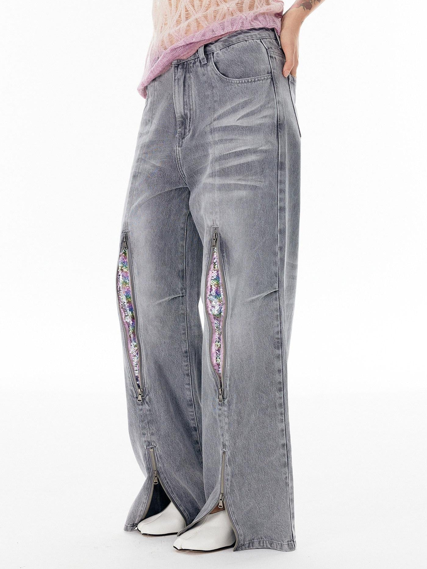 APRIORITY Silver Firework Print Relaxed High Waist Women's Cotton Denim Straight-leg Jeans