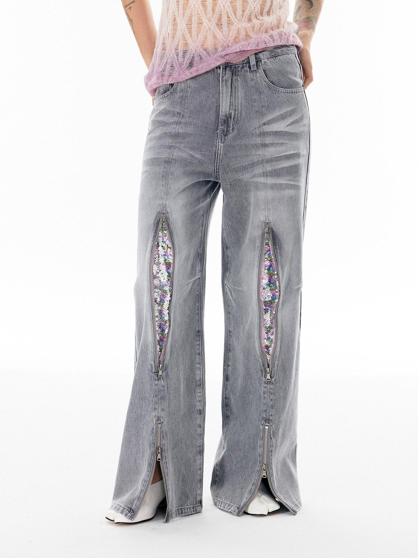 APRIORITY Silver Firework Print Relaxed High Waist Women's Cotton Denim Straight-leg Jeans