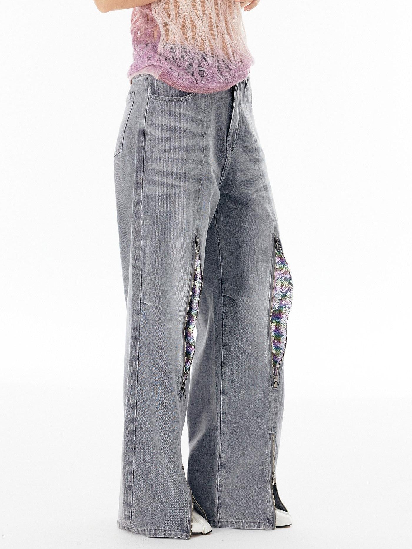 APRIORITY Silver Firework Print Relaxed High Waist Women's Cotton Denim Straight-leg Jeans