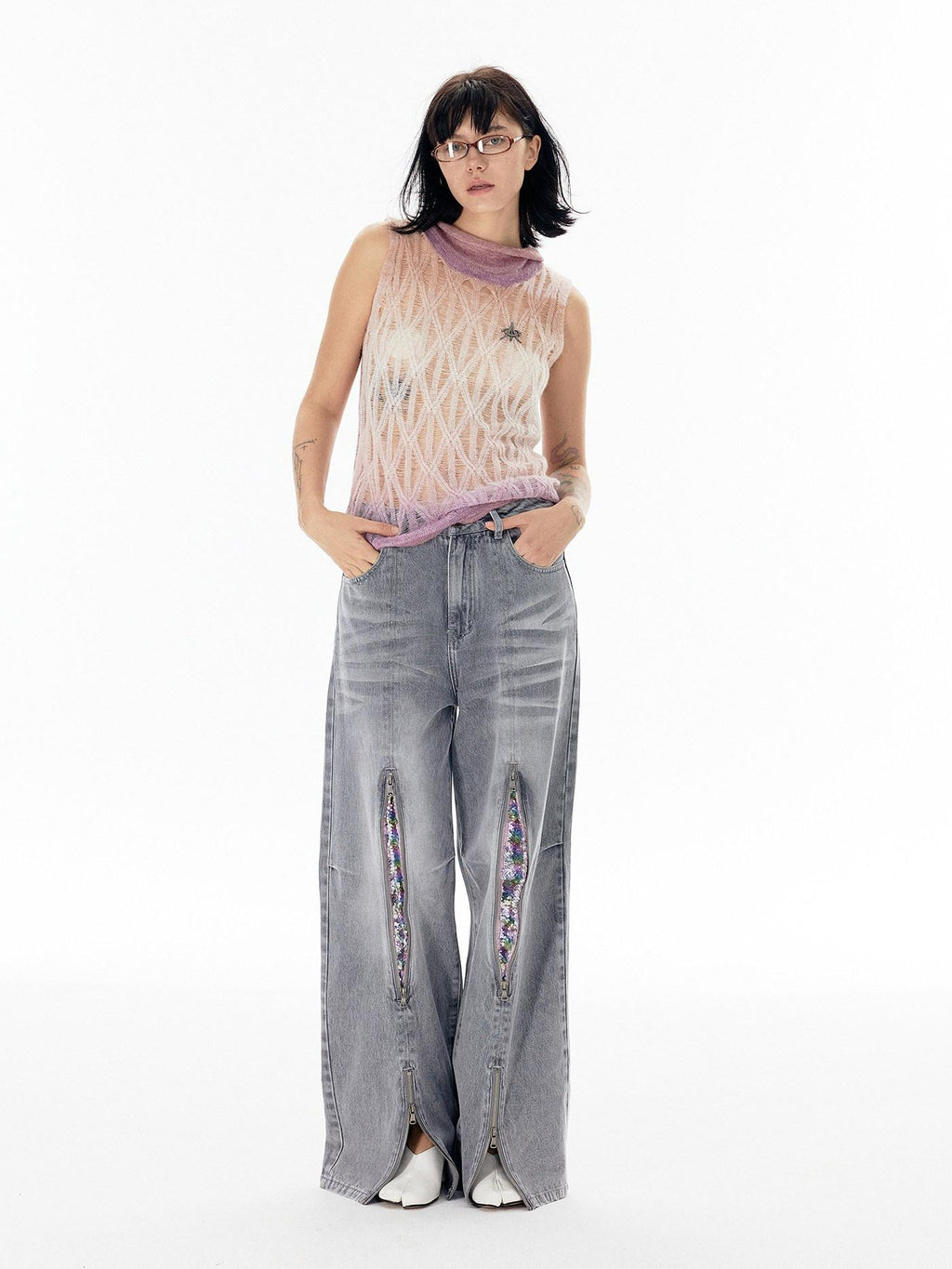 APRIORITY Silver Firework Print Relaxed High Waist Women's Cotton Denim Straight-leg Jeans