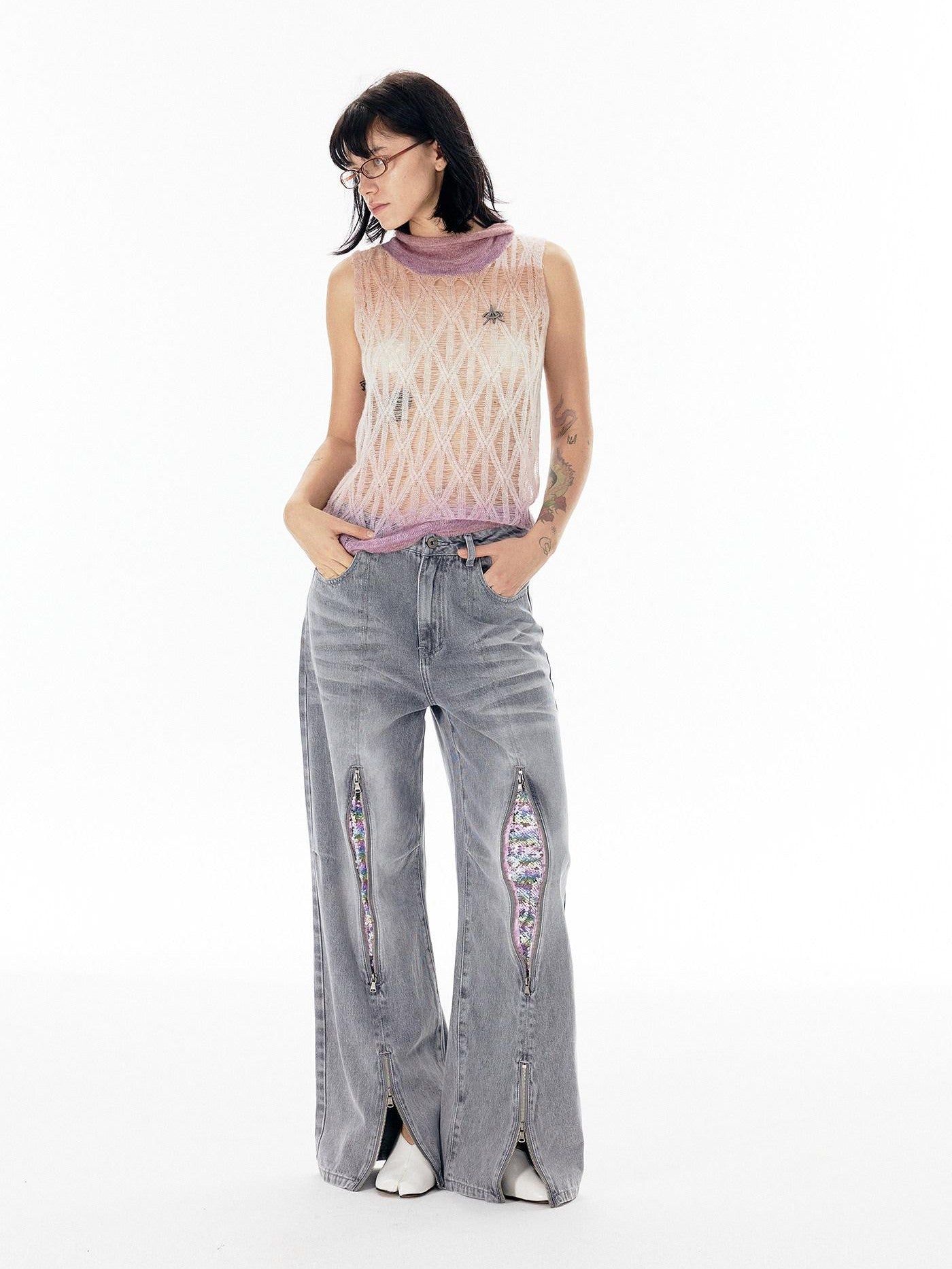 APRIORITY Silver Firework Print Relaxed High Waist Women's Cotton Denim Straight-leg Jeans