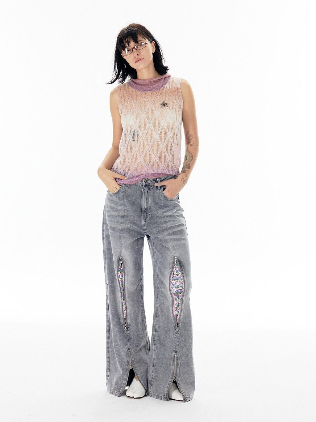 APRIORITY Silver Firework Print Relaxed High Waist Women's Cotton Denim Straight-leg Jeans