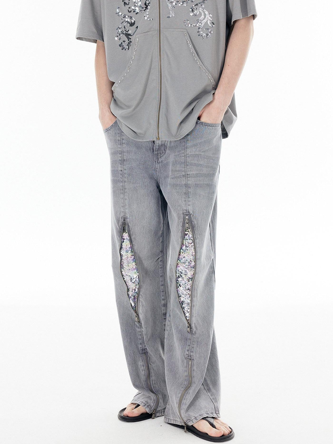 APRIORITY Silver Firework Print Relaxed High Waist Women's Cotton Denim Straight-leg Jeans